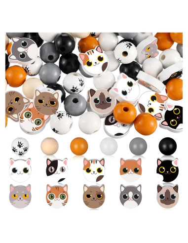 Waydress 200 Perlas de Madera Redondas con Patrón de Gato