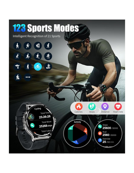Reloj Inteligente Militar SUNKTA 1.85" HD Bluetooth Negro