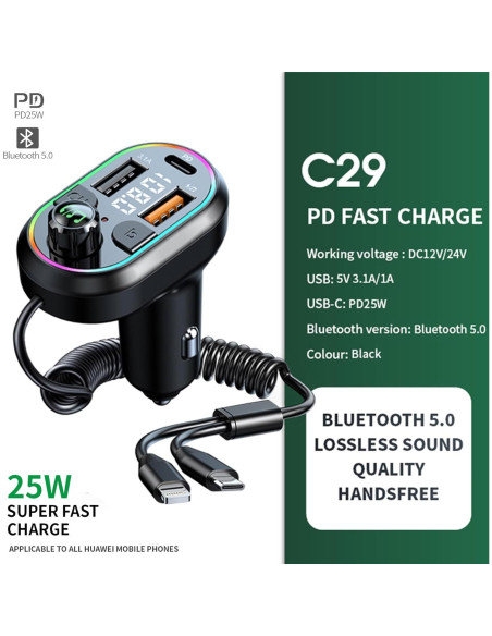 Transmisor FM Bluetooth EAHOSUCC C29 con Carga Rápida 25W