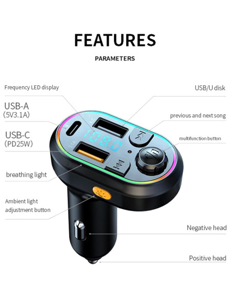 Transmisor FM Bluetooth EAHOSUCC C29 con Carga Rápida 25W