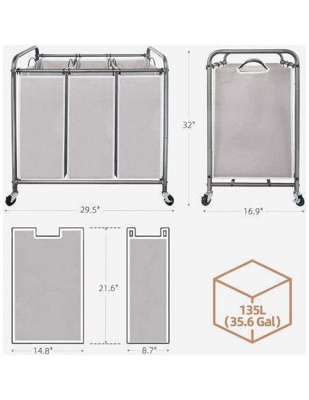 Carro Clasificador de Ropa STORAGE MANIAC 3 Secciones Gris 136L Carro Clasificador de Ropa STORAGE MANIAC 3 Secciones Gris 136L