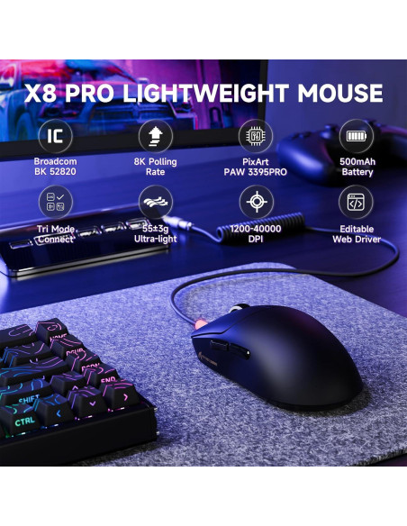 Ratón Gaming Inalámbrico MAMBASNAKE X8 PRO 40000 DPI Ergonómico