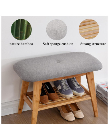 Banco para Zapatos SOBIBO de Bambú Natural 60 cm con Cojín