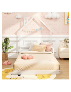 Cama de Piso Twin Giantex Blanca Montessori con Cabecera Chimenea