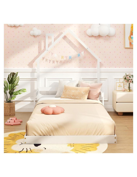 Cama de Piso Twin Giantex Blanca Montessori con Cabecera Chimenea