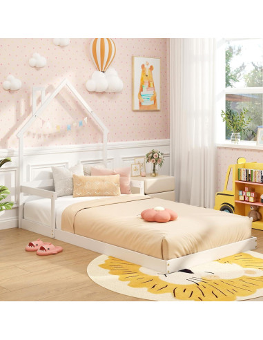 Cama de Piso Twin Giantex Blanca Montessori con Cabecera Chimenea