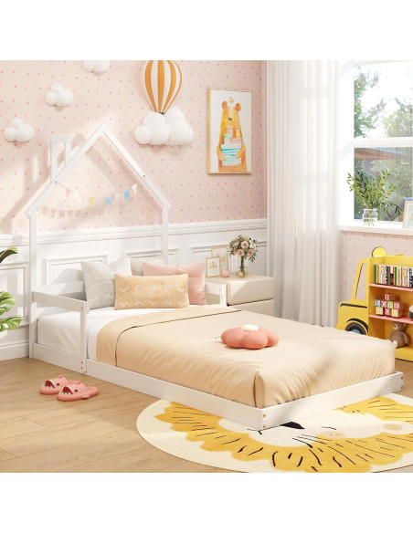 Cama de Piso Twin Giantex Blanca Montessori con Cabecera Chimenea