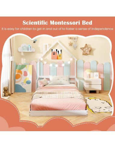 Cama de Piso Twin Giantex Blanca Montessori con Cabecera Chimenea