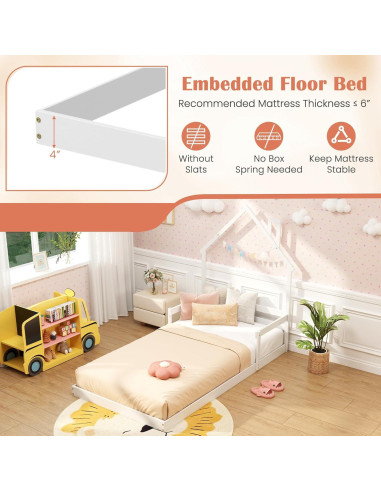 Cama de Piso Twin Giantex Blanca Montessori con Cabecera Chimenea