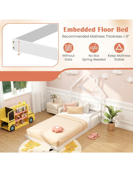 Cama de Piso Twin Giantex Blanca Montessori con Cabecera Chimenea