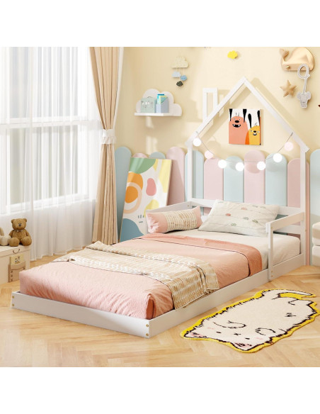 Cama de Piso Twin Giantex Blanca Montessori con Cabecera Chimenea