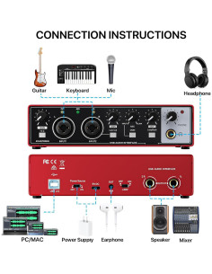 Interfaz de Audio USB 2x2 Rojo para Guitarra y Micrófono 24Bit/192kHz 2
