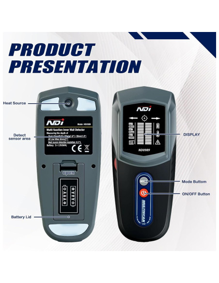 Detector de Pared Multifuncional NDI ND0989 - Detección de Estantes y Calor