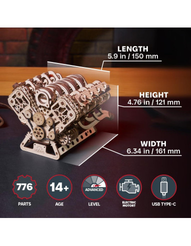 Kit de Modelo de Motor V8 UGEARS - Rompecabezas 3D de Madera 776 Piezas