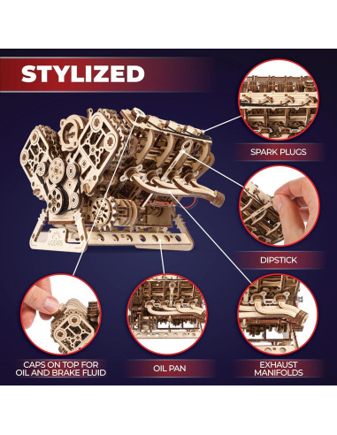 Kit de Modelo de Motor V8 UGEARS - Rompecabezas 3D de Madera 776 Piezas