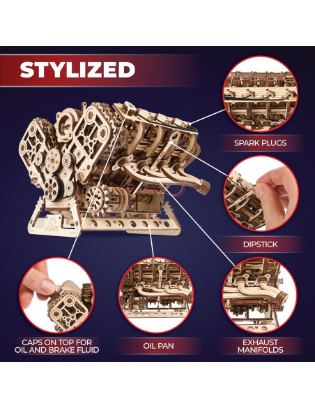 Kit de Modelo de Motor V8 UGEARS - Rompecabezas 3D de Madera 776 Piezas Kit de Modelo de Motor V8 UGEARS - Rompecabezas 3D de Madera 776 Piezas