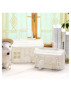 Cesta de Rattan Weysat 2 Pcs con Tapa Decorativa Blanca