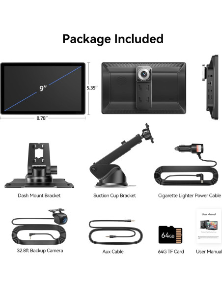 Pantalla Inalámbrica Carplay 9" Carpeer con GPS y Cámara 4K
