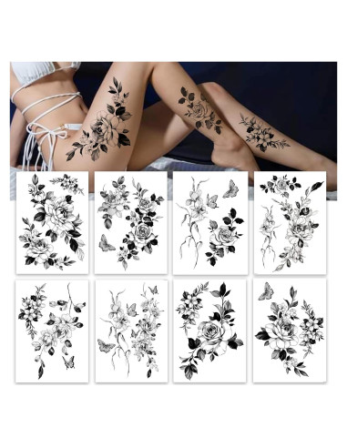 Tatuajes Temporales Grandes Roarhowl - 18 Diseños Flor y Mariposa