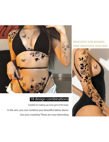 Tatuajes Temporales Grandes Roarhowl - 18 Diseños Flor y Mariposa