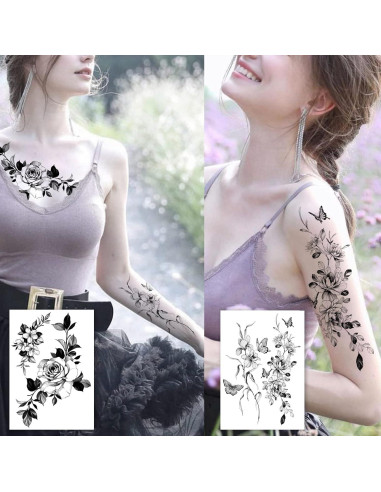 Tatuajes Temporales Grandes Roarhowl - 18 Diseños Flor y Mariposa