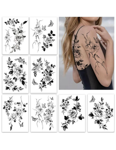 Tatuajes Temporales Grandes Roarhowl - 18 Diseños Flor y Mariposa