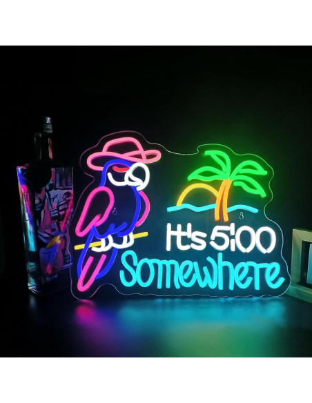 Letrero de Neón LED 'Es 5:00 en Algún Lugar' Loro 41.91x33.53cm Letrero de Neón LED 'Es 5:00 en Algún Lugar' Loro 41.91x33.53cm