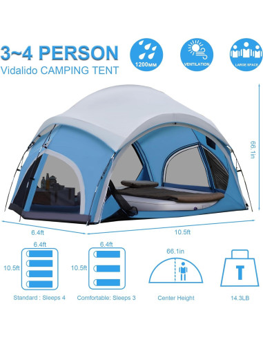 Carpa de Camping Vidalido para 3-4 Personas Impermeable