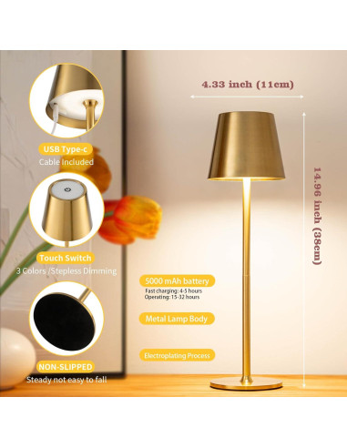 Lámpara de Mesa Recargable Dorada 5000mAh Regulable LED