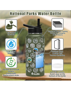 Botella de Agua Aislada XccMe 32 oz Verde Militar con Calcomanías 2