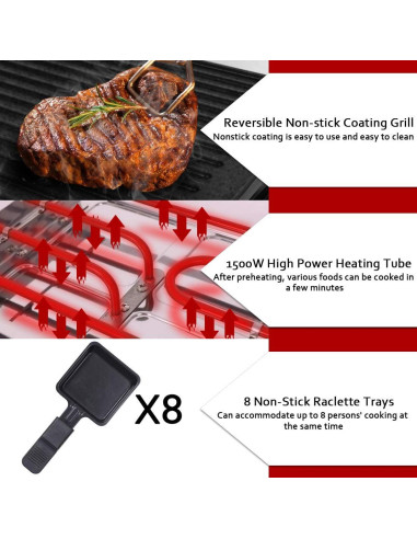 Parrilla Raclette Eléctrica CUSIMAX 1500W 2 en 1 con Control de Temperatura