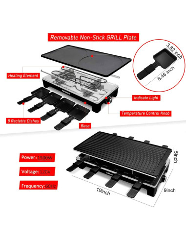 Parrilla Raclette Eléctrica CUSIMAX 1500W 2 en 1 con Control de Temperatura