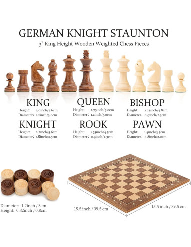 Juego de Ajedrez y Damas A&A de Madera Profesional 39.37 cm