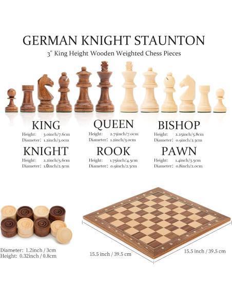 Juego de Ajedrez y Damas A&A de Madera Profesional 39.37 cm