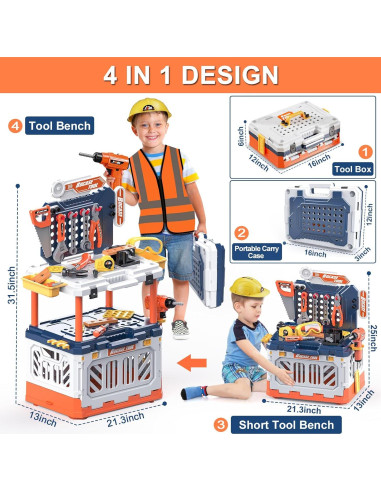 Banco de herramientas para niños BHYDRY 4 en 1 con 90 accesorios