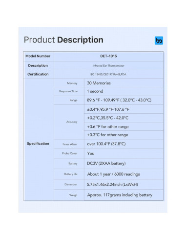 Termómetro de oído Femometer Family DET-1015, 30 memorias, 1s