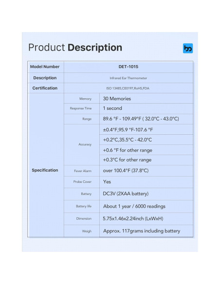 Termómetro de oído Femometer Family DET-1015, 30 memorias, 1s