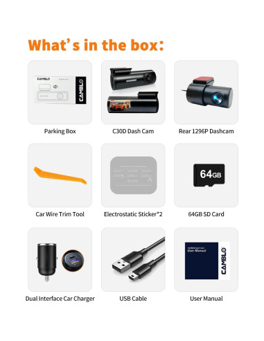 Cámara de Tablero Dual 4K CAMBLO C30D con WiFi y Tarjeta 64GB