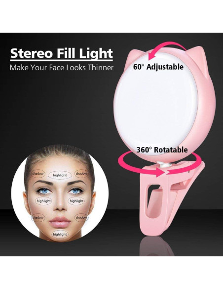 Luz de Anillo Selfie OURRY Rosa, Recargable USB, 9 Brillos
