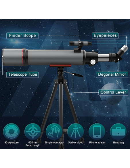 Telescopio Aurosports Refractor 90mm 600mm para Principiantes