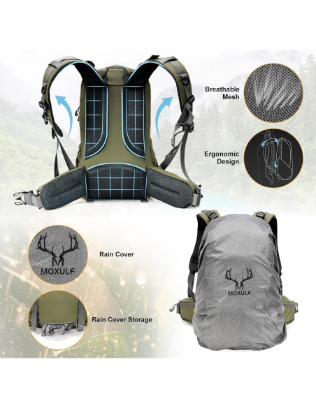 Mochila de Caza Impermeable MOXULE 25L Verde con Funda