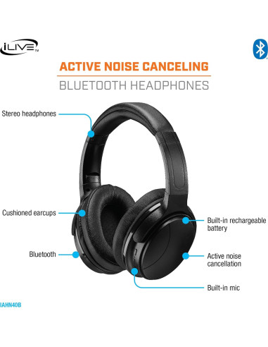 Auriculares Bluetooth iLive con Cancelación de Ruido, Negro