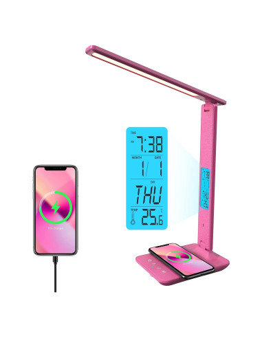 Lámpara de Escritorio LED Poukaran con Cargador Inalámbrico Rosa