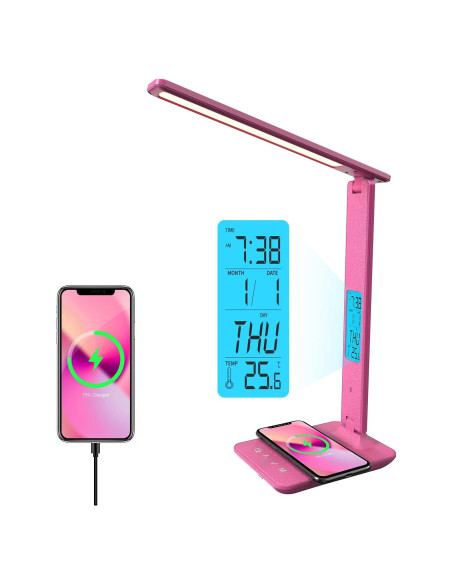 Lámpara de Escritorio LED Poukaran con Cargador Inalámbrico Rosa