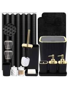 Juego de baño XLHOMO 25 piezas con cortina y alfombrillas negras