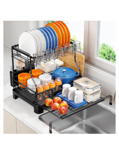 Estante de Secado de Platos TOOLF 2 Niveles Expandible Negro