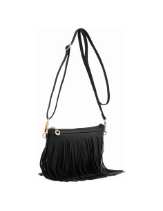 Bolso Cruzado Pequeño Negro con Flecos y Correa Ajustable