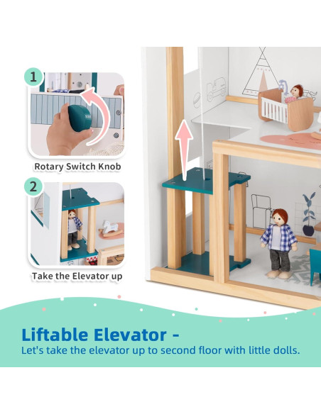 Casa de Muñecas TOOKYTOY con Ascensor y 21 Muebles