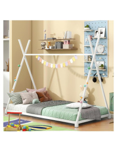 Cama Casa Twin JOYFULIN de Metal Montessori Blanca con Techo