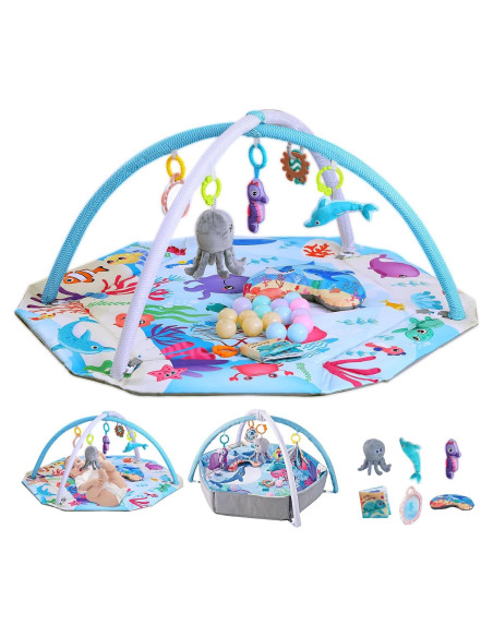 Alfombra de Juego para Bebés 9 en 1 Azul Océano con Pelotas